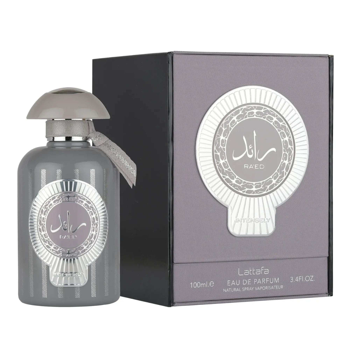 Raed Intensely Perfume 100ml EDP bottle by Lattafa showcasing modern aquatic-woody fragrance for men